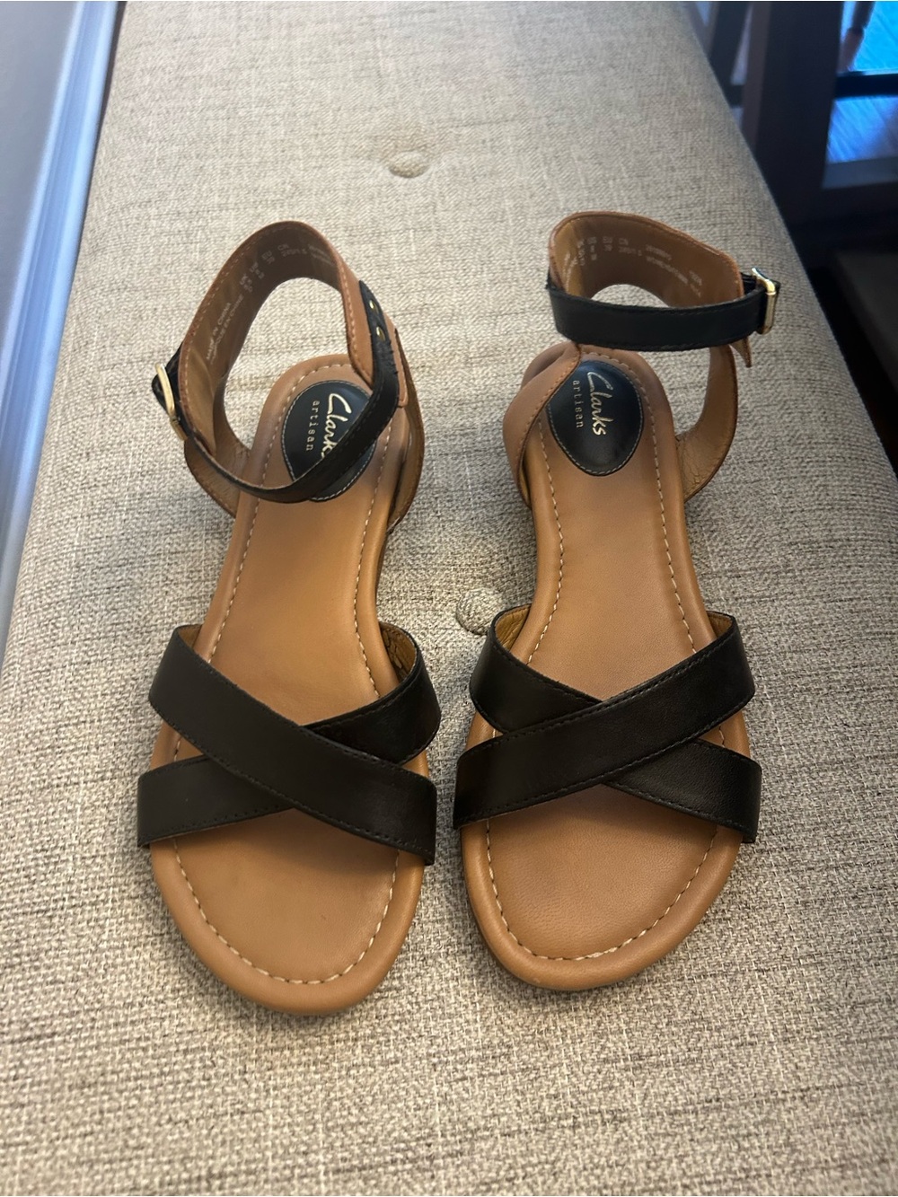 Clarks Black Leather Cross-Strap Ankle Sandals